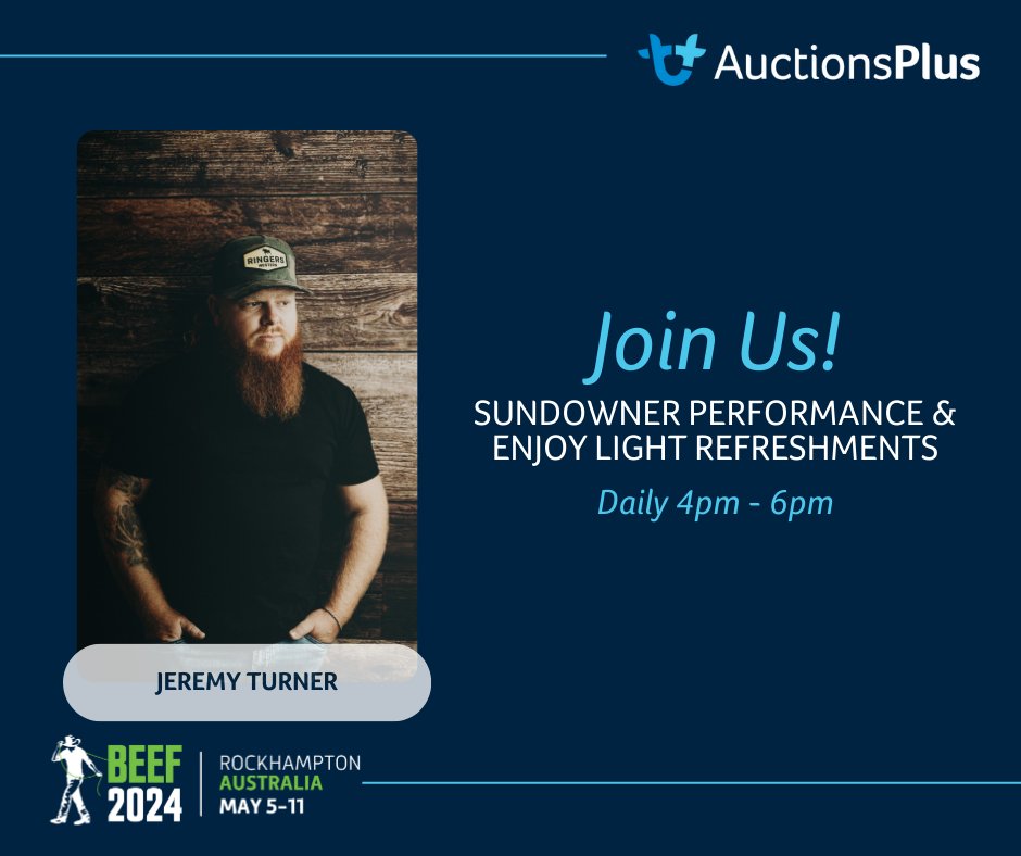 ☀️ Join us at the AuctionsPlus Beef24 site for daily sundowner sessions with Jeremy Turner, where complimentary beverages await to help you unwind from the day's activities. Immerse yourself in Jeremy's gritty yet soulful music! 📷#AuctionsPlus #BestofBeef #Beef2024