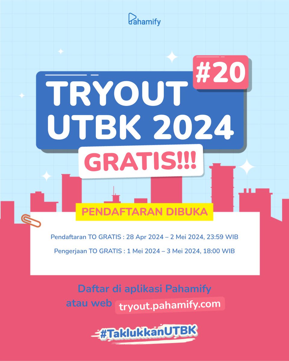 🎊TO GRATIS: Pendaftaran TO UTBK 2024 #20 Gratis DIBUKA!🎊 📆Pendaftaran: 28 Apr-2 Mei'24 ✏️Pengerjaan: 1-3 Mei'24 🥇TO PALING UPDATE mengikuti kisi-kisi Kemdikbud BP3 7 SUBTES. ⭐Udah menyesuaikan dengan jumlah soal dan waktu pengerjaan terbaru Cara daftar GRATIS di sini ⬇️