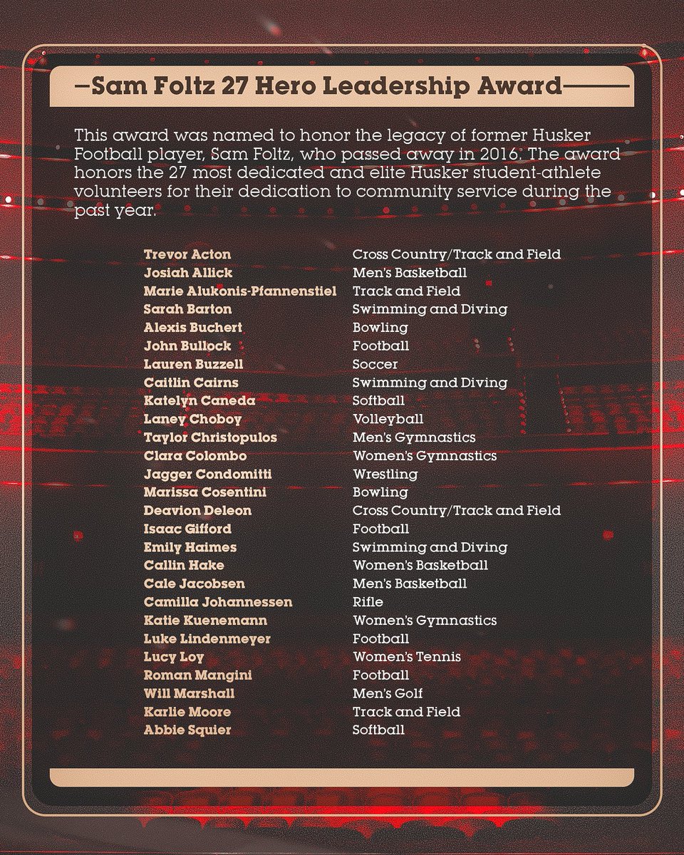 @HuskerWGolf @HuskerMTennis Congratulations to the 27 recipients of the Sam Foltz 2️⃣7️⃣ Hero Leadership Award who match the values, virtues and service leadership demonstrated by Sam.