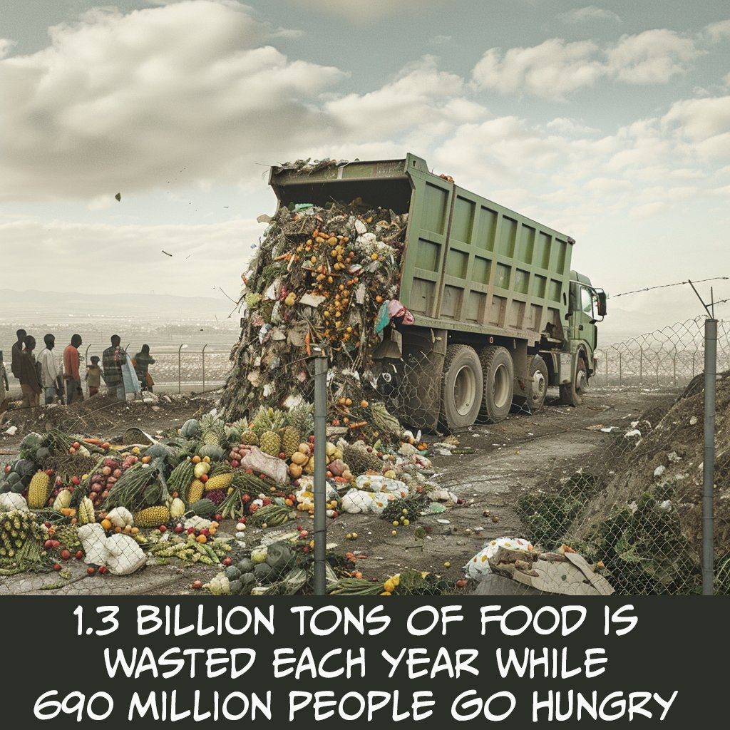 🌍 Shocking Fact: 1/3 of all food produced is wasted!
 
That's 1.3 BILLION tons yearly, costing us $910 BILLION 💸. 

Meanwhile, 690 million people go hungry 😔. We must take action! #StopFoodWaste #EndHunger