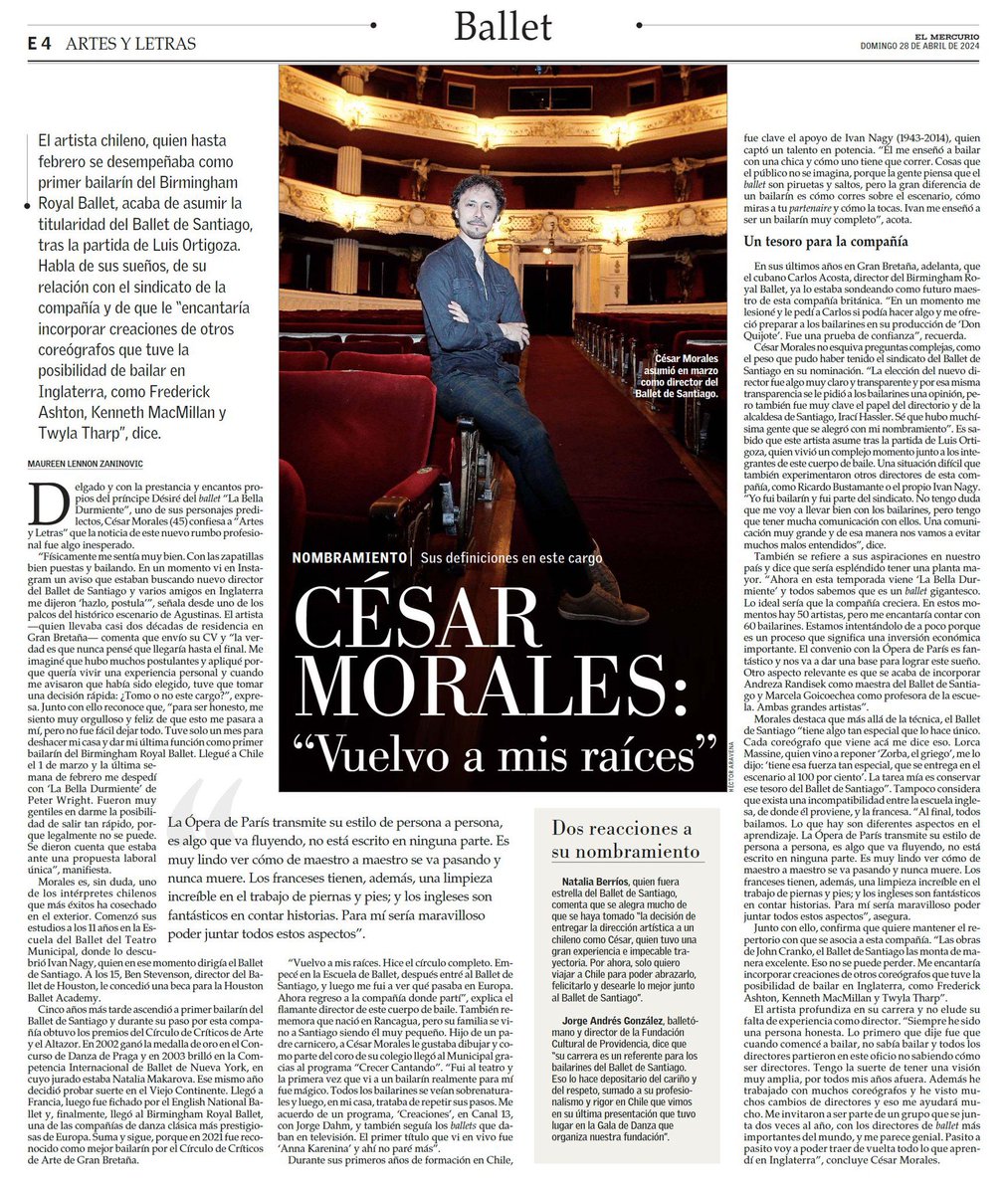 Y hoy en @ElMercurio_cl por @maureenlennon entrevista a César Morales. Volver.