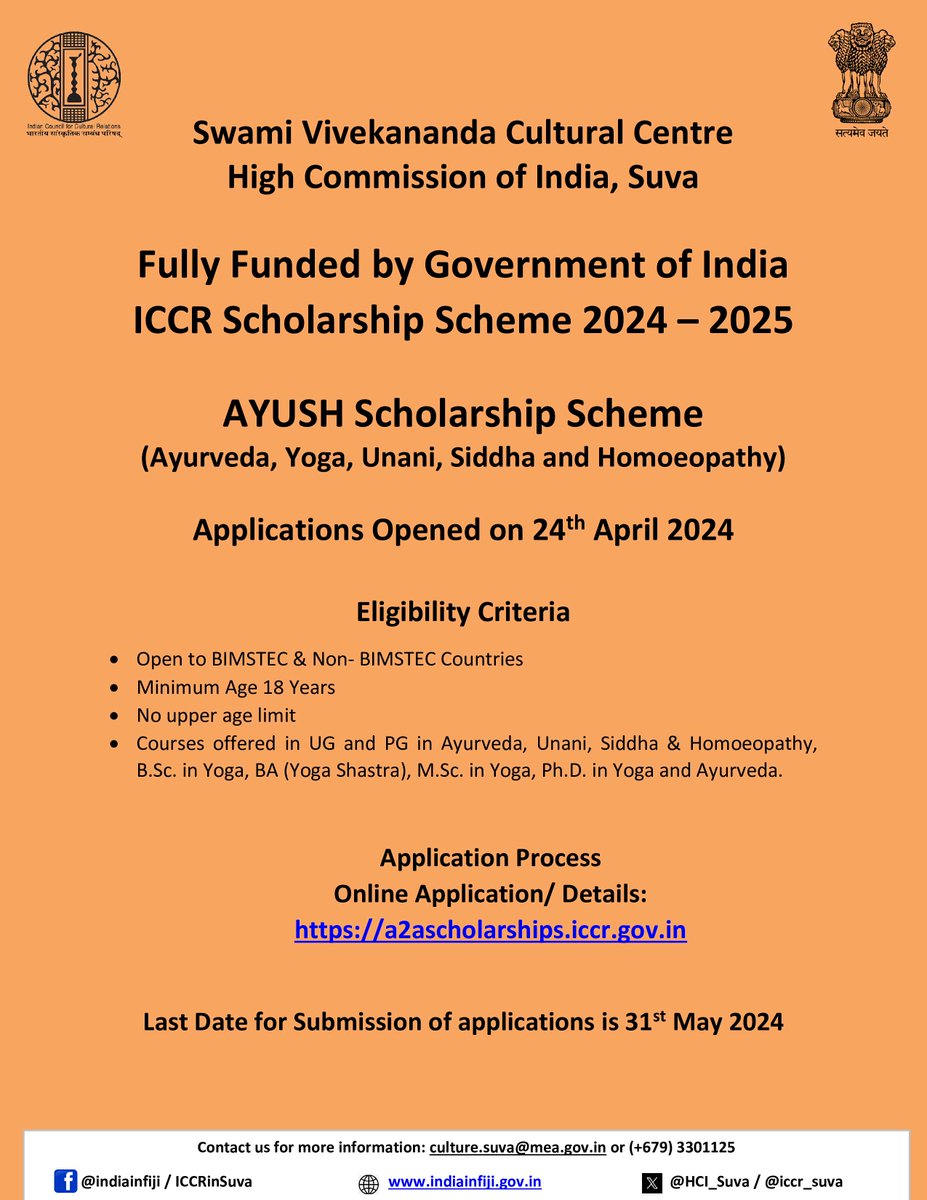 ICCR invites Foreign Nationals to avail fully funded scholarships under #AYUSHScholarshipScheme for the Academic Year 2024-25. Check out the full list of courses available at a2ascholarships.iccr.gov.in Last date for application is 31 May 2024.