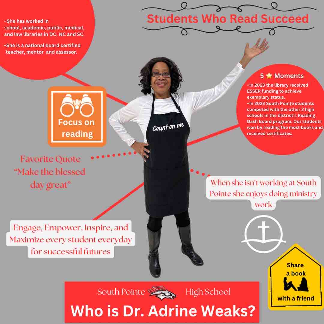 Dr. Adrine Weaks is our next school librarian spotlight! She has worked in school, public, medical, & law libraries in DC, NC, & SC. Dr. Weaks is also a National Board Certified teacher, mentor, & assessor. @SPHSstallions @RockHillSchools @SCASLNet @aasl #SchoolLibraryMonth