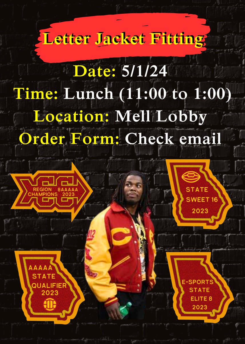 Letter Jacket Fitting Date: 5/1/24 Time: 11:00 to 1:00 Location: Mell Lobby Price: Payment is due in full the day of the event. Order Form: Check school email. Additional information: Bring any letters or patches you have already received to the fitting.