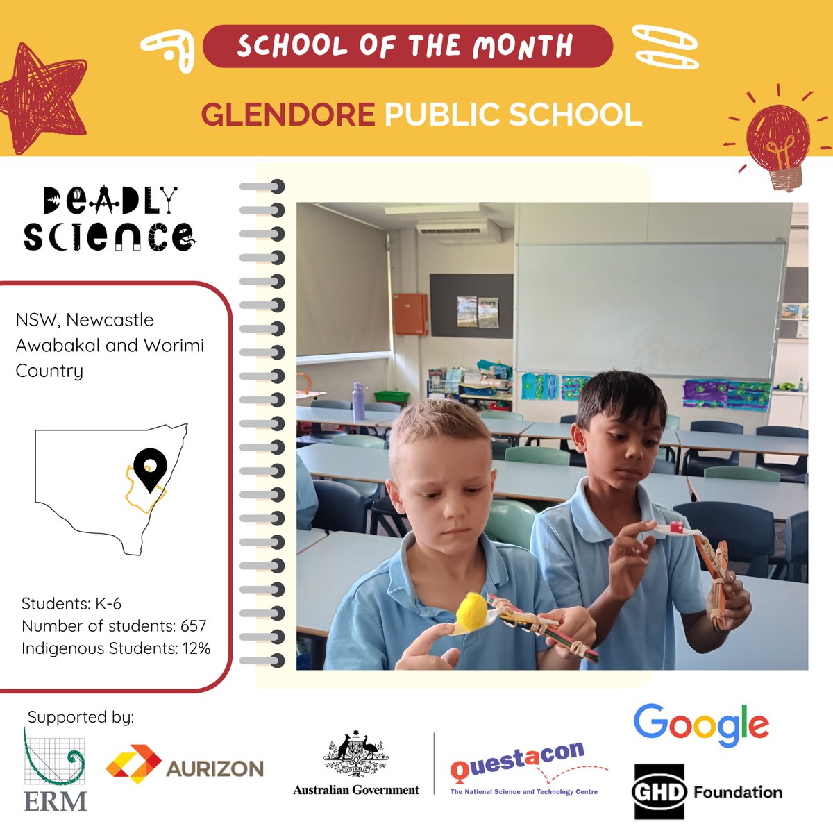 Celebrating our School of the Month -Glendore Public School! Their students have been learning about STEM through a range of experiences including Paper Planes and Catapults. They will receive a gift pack thanks to Aurizon, ERM, Google Australia, GHD Foundation and Questacon.