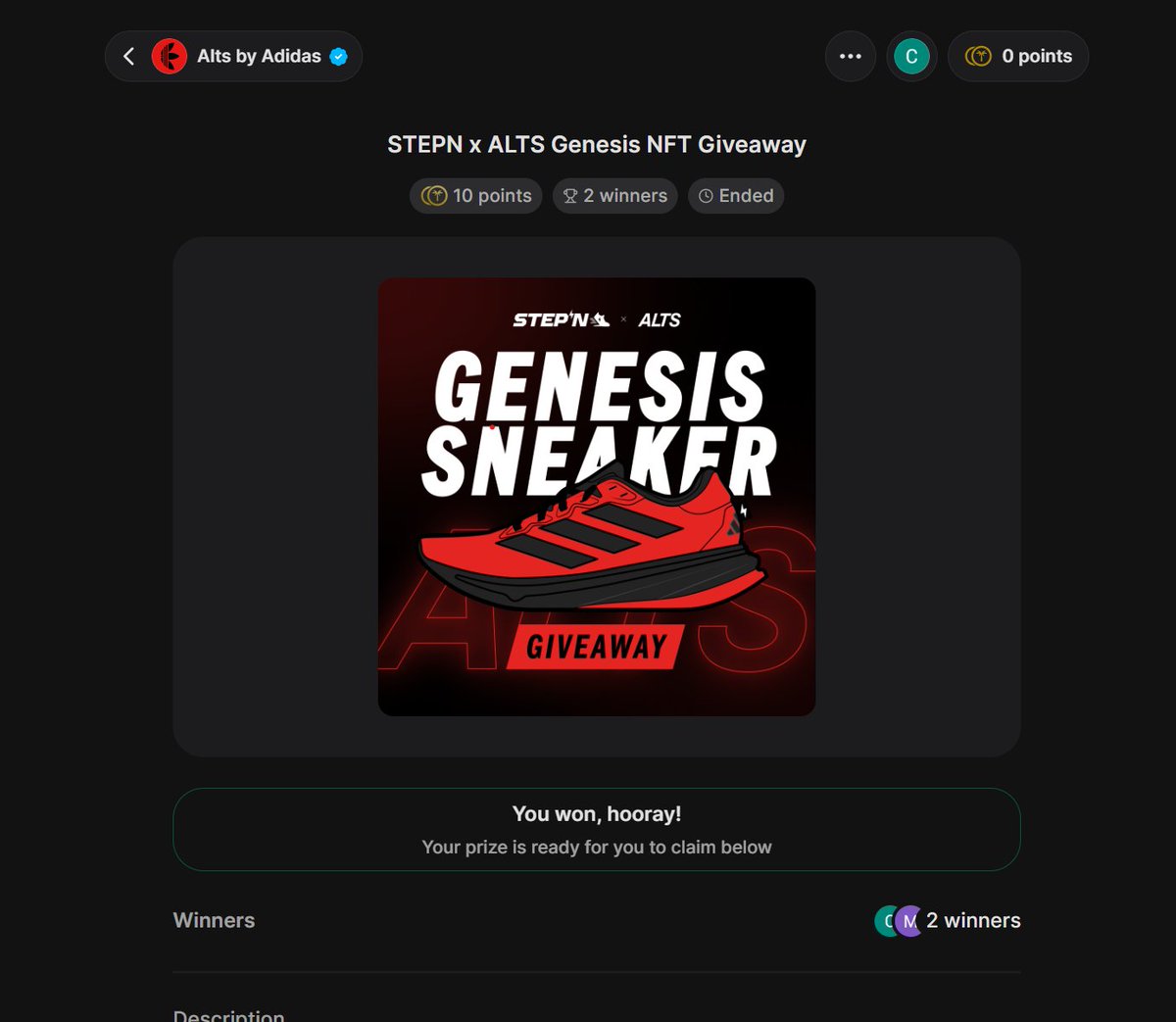 The partnership between <a href="/Stepnofficial/">STEPN GO</a> x <a href="/altsbyadidas/">ALTS by adidas</a> and hosted by
<a href="/TropeeHQ/">Tropee</a> offered me the chance to win a STEPN x adidas Genesis Sneakers worth $4500.
I feel lucky, I feel the evolution, I feel a step in the future.
Thank you!