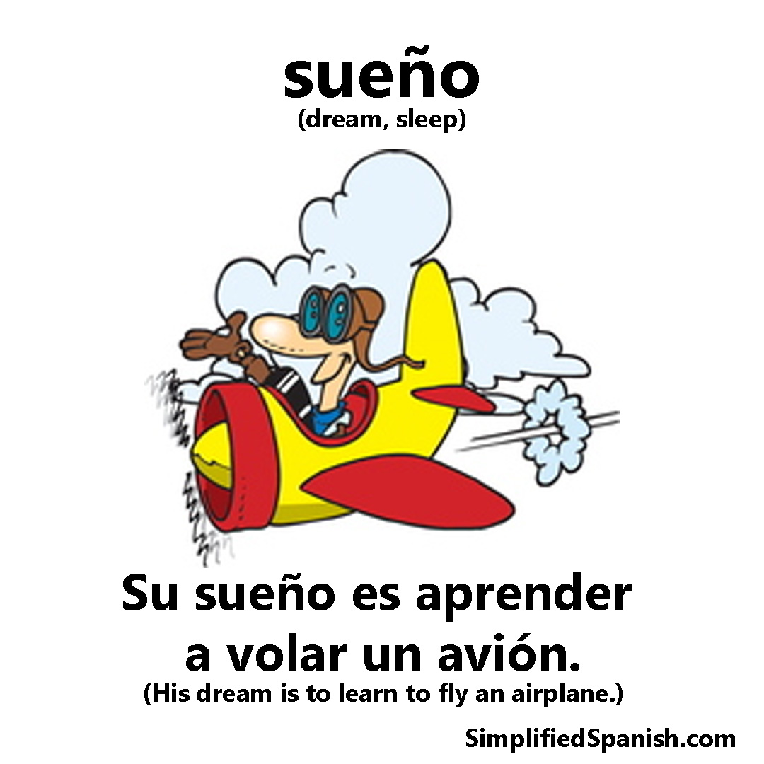 Today's #Spanish word of the day is 'sueño' (dream, sleep).

'Su sueño es aprender a volar un avión.'
(His dream is to learn to fly an airplane.)

simplifiedspanish.com/words/sueno.ht…

#wordoftheday #spanishvocabulary #studyspanish #learnspanish #spanishlessons