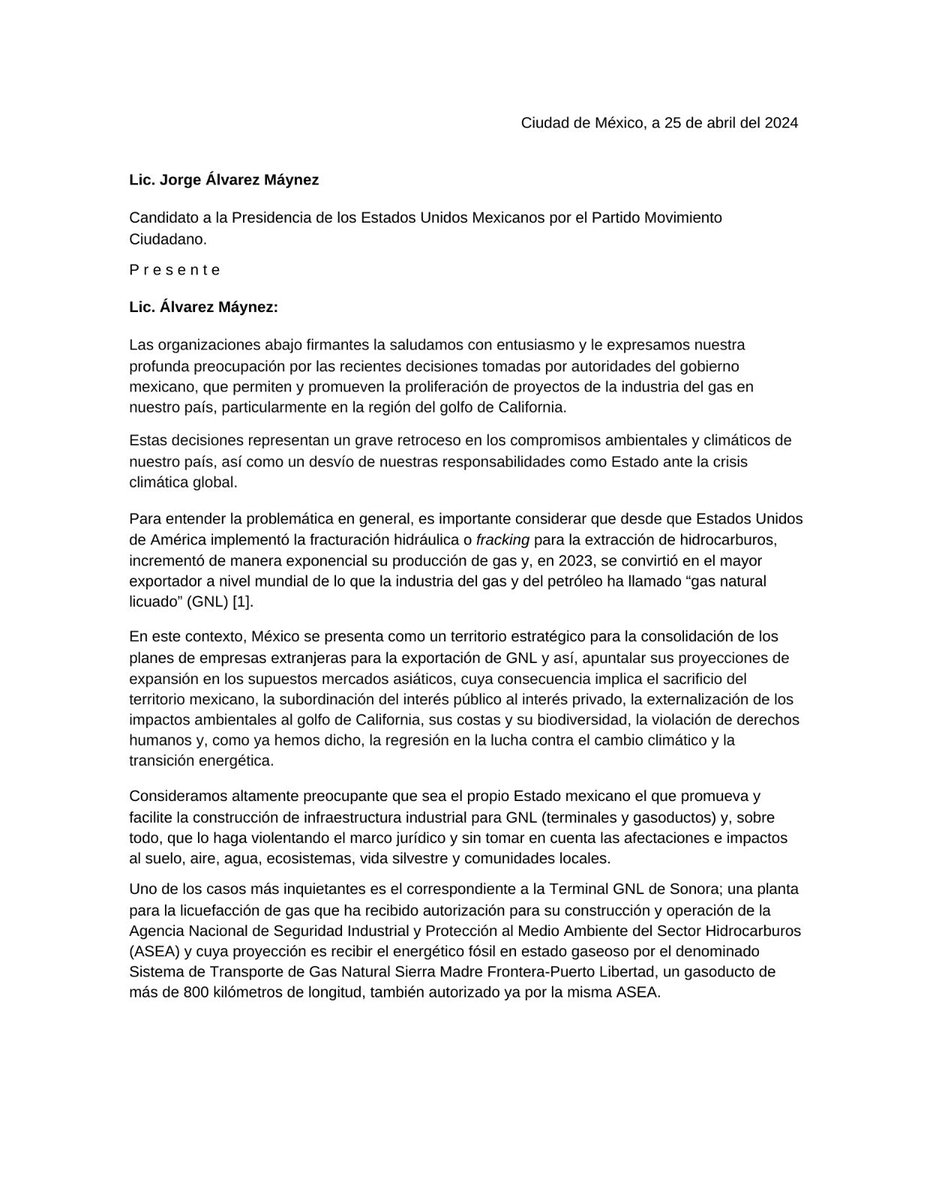 EsGasFosil's tweet photo. Esta es la carta que más de 20 organizaciones de la sociedad civil de todo el país le enviaron a @AlvarezMaynez @LBallesterosM previo al #SegundoDebatePresidencial  #DebateINE  pidiendo que, en el tema de cambio climático, se haga un compromiso claro y contundente en contra de los combustibles fósiles y en favor de los territorios y las comunidades de México. Que se defienda al Golfo de California de terminales de licuefacción de gas y de gasoductos... ¿Atenderá el llamado del interés nacional o el de los intereses privados y extranjeros?  #esgasfosil #PuertoLibertad