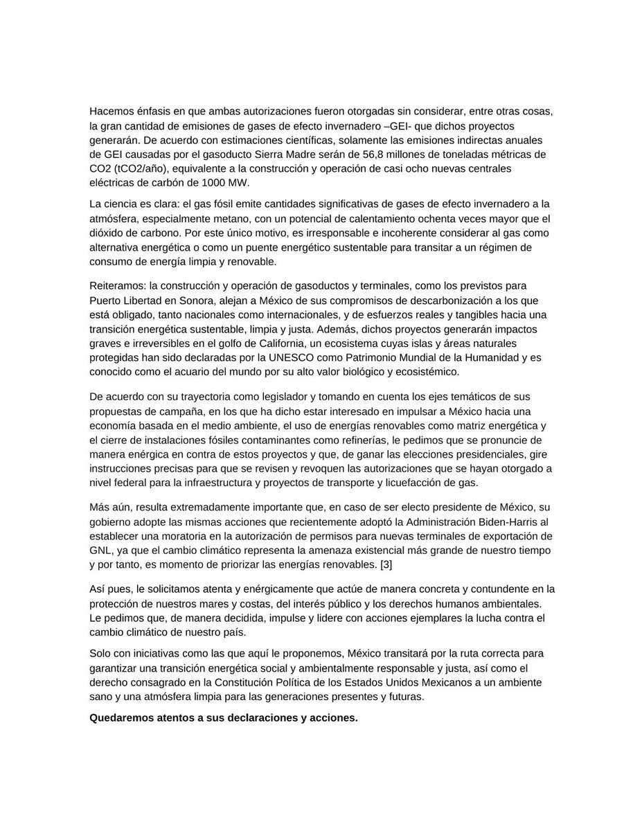 EsGasFosil's tweet photo. Esta es la carta que más de 20 organizaciones de la sociedad civil de todo el país le enviaron a @AlvarezMaynez @LBallesterosM previo al #SegundoDebatePresidencial  #DebateINE  pidiendo que, en el tema de cambio climático, se haga un compromiso claro y contundente en contra de los combustibles fósiles y en favor de los territorios y las comunidades de México. Que se defienda al Golfo de California de terminales de licuefacción de gas y de gasoductos... ¿Atenderá el llamado del interés nacional o el de los intereses privados y extranjeros?  #esgasfosil #PuertoLibertad