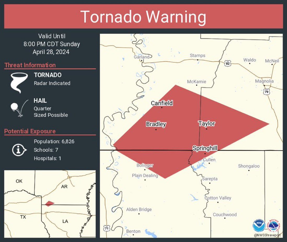 Tornado Warning for  Springhill LA, Bradley AR and Canfield AR until 8PM CDT

Take immediate cover now!