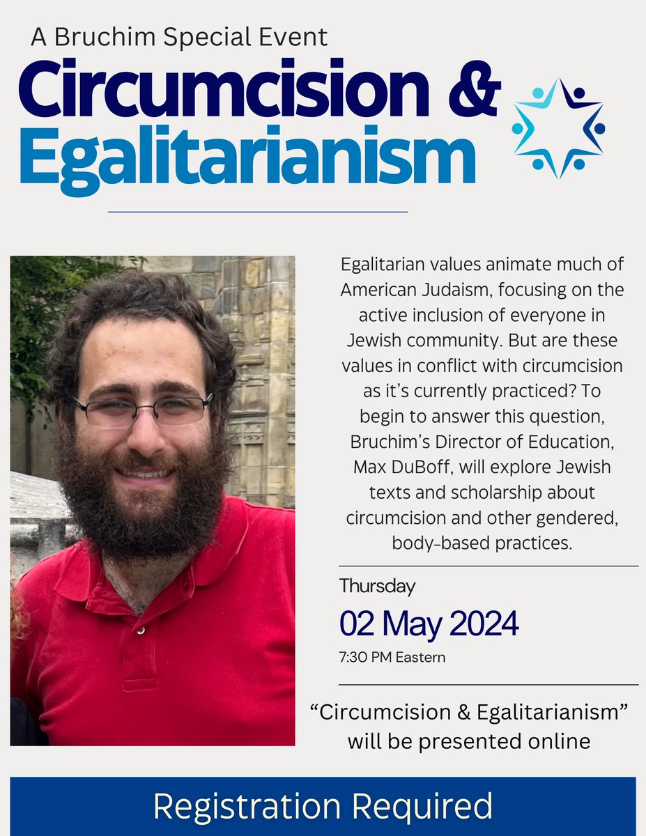 We're excited to invite you to attend our special event: Circumcision & Egalitarianism by Bruchim's Director of Education, Max DuBoff.

Register for the Zoom event here: shorturl.at/adT28
#i2 #egalitarian #egalitarianism #britmilah #circumcision #jewishnonprofit #britshalom