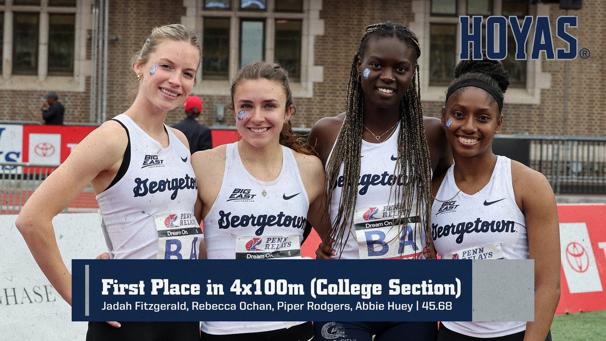 HoyasTrackXC's tweet photo. Congratulations to our 4x100 squad for taking first place in the Penn Relays yesterday! Way to get it done, Hoyas 👊👏

#HoyaSaxa https://t.co/Ga6Dldb9vo