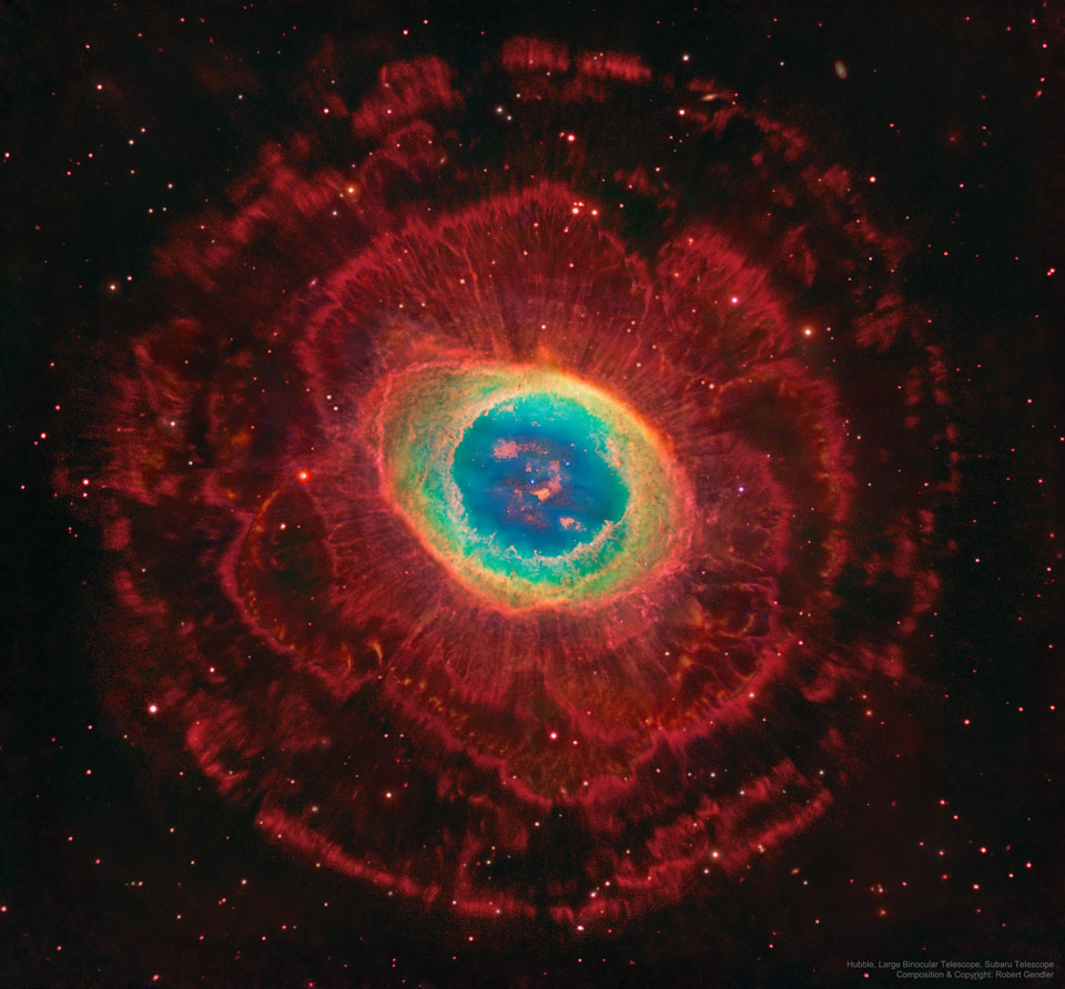 apod's tweet image. The Ring Nebula (M57) is more complicated than it appears through a small telescope. The easily visible central ring is about one light-year across, but this remarkably deep exposure - a collaborative effort combining data from three different large telescopes - explores the…
