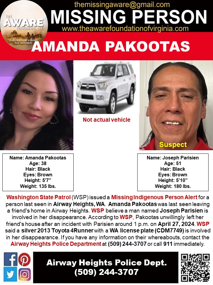 ***MISSING INDIGENOUS PERSON ALERT*** AIRWAY HEIGHTS, WS Washington State Patrol(WSP) issued a Missing Indigenous Person Alert for a person last seen in Airway Heights, WA. Amanda Pakootas was last seen leaving a friend's home in Airway Heights. WSP believe a man named Joseph…