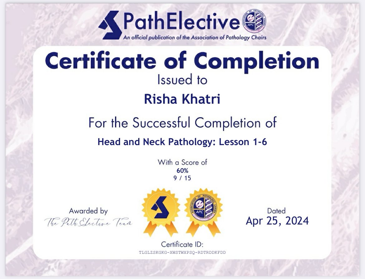 Completed my assessment on Head and Neck Pathology with @PathElective 🙏🏼  #Pathology #PathX #PathTwitter #Path2Path #PathToPath