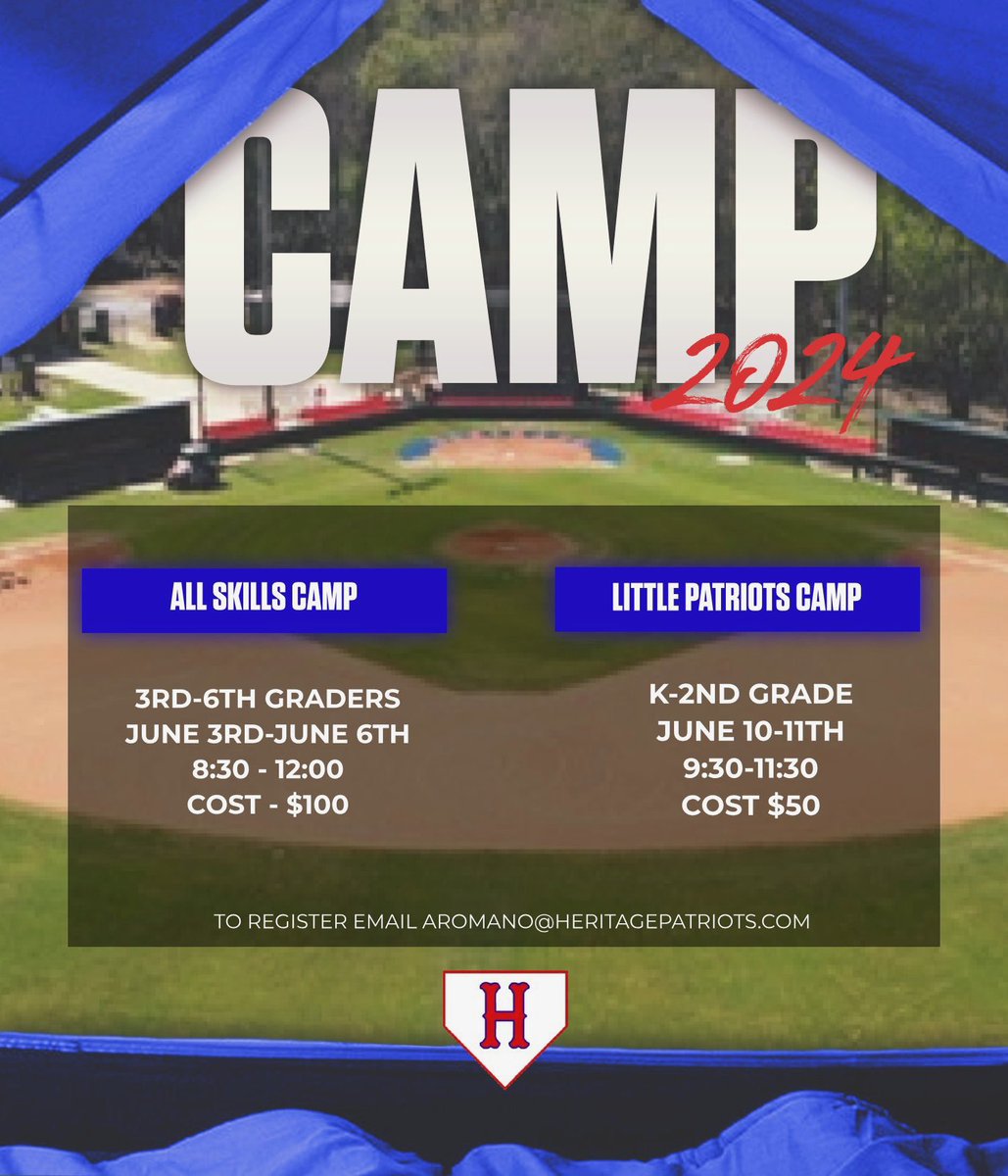 Join us for camp this summer! Kids will get instruction from Heritage coaches and players. Camp is always a fun learning experience for the young kids! Sign up today and don’t miss it! Email aromano@heritagepatriots.com to register!