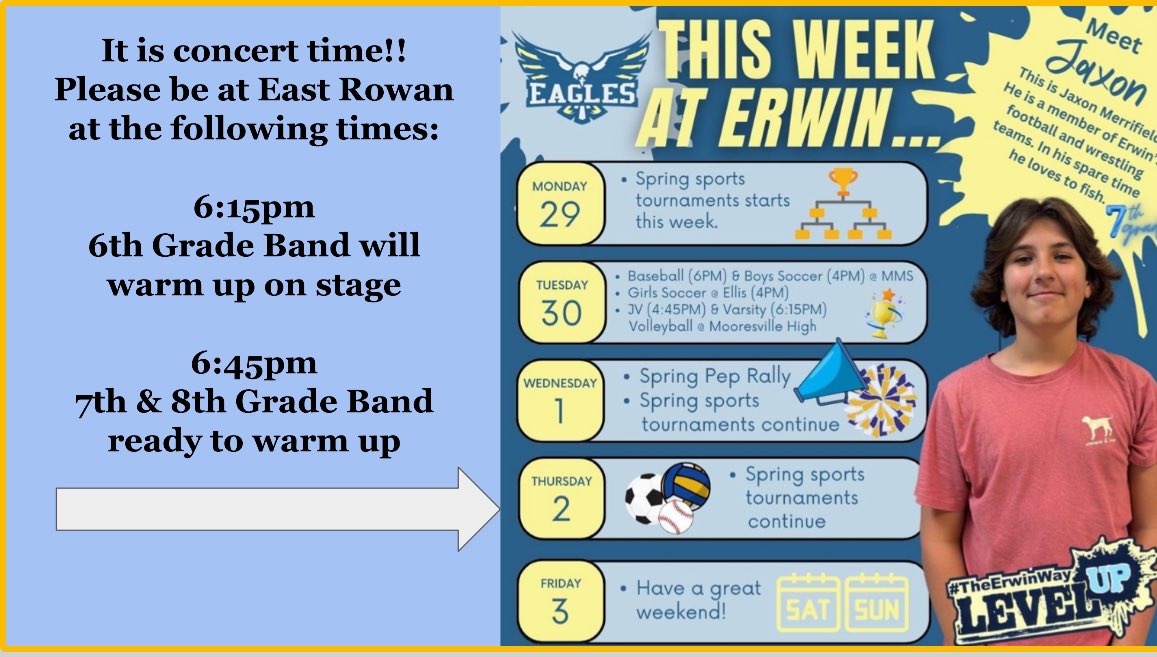 fergussw's tweet photo. Spring Concert Time! Join us on Thursday at East Rowan HS! @ErwinMiddle #theErwinWay https://t.co/4KeLpcqAwg