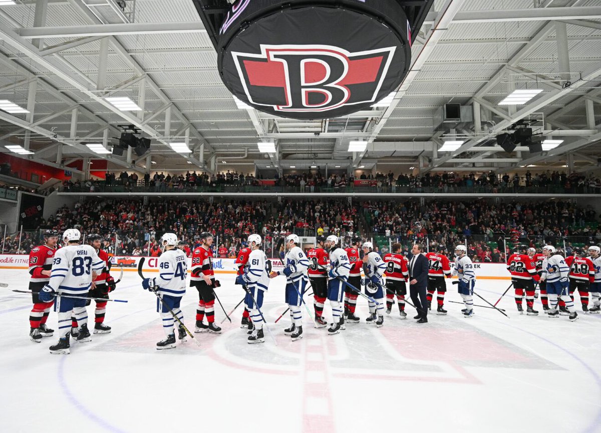 BellevilleSens's tweet photo. For the first time in franchise history, the #BellevilleSens have advanced past the first round of the Calder Cup Playoffs.

The #Sens moved on with a thrilling 4-3 overtime win against the arch-rival Toronto Marlies, in front of a boisterous crowd!

Game Recap 📰 https://t.co/mmdtE7Z6Hg