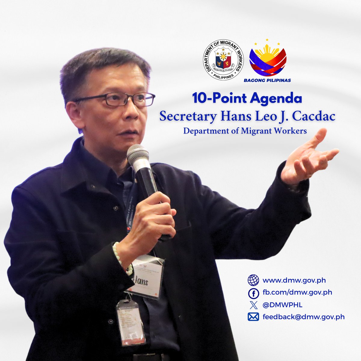 DMWPHL's tweet image. DMW Secretary @HansLeoCacdac's 10-Point Agenda for the Department of Migrant Workers. 

#DMW #TahananNgOFW #BagongPilipinas
