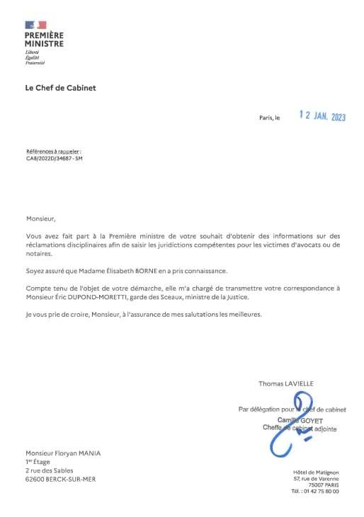 @BFMTV Monsieur Le Ministre  de la Justice  
Vous êtes désigné par Monsieur  Macron et Madame  Borne alors PM pour intervenir auprès  des Victimes des fautes  professionnelles Avocats  et Notaires .Je vous ai saisi par Lettre Rec AR La loi justice du 22 12 2021 n est pas appliquée