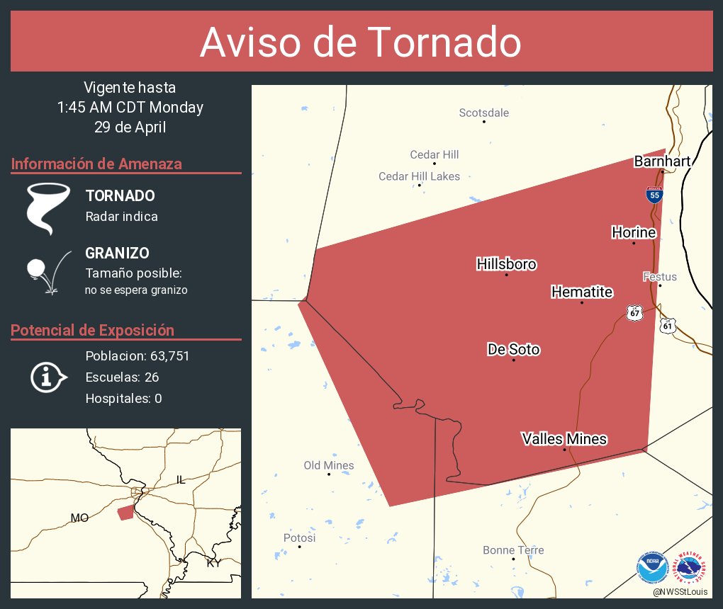Aviso de Tornado continúa De Soto MO, Barnhart MO, Hillsboro MO hasta la 1:45 AM CDT