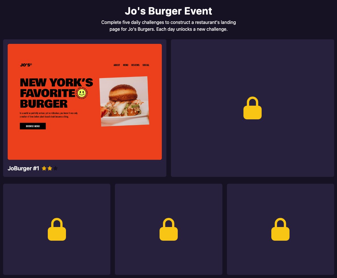 Jo's Burger Event is now live on iCodeThis.com! 🥳

Each day unlocks a new coding challenge

By the end of the week, you'll have all the pieces you need to assemble a fully functional, visually appealing restaurant landing page!