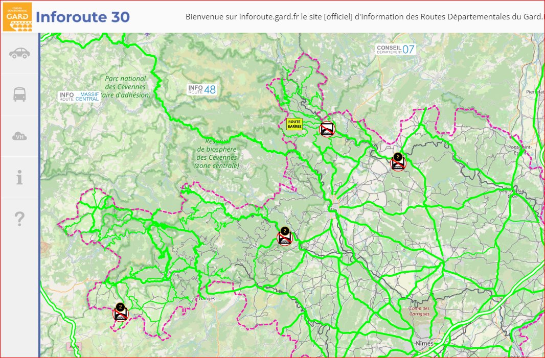 ⚠️#Pluie #Pluieinondation #Gard #VigilanceJaune
Lundi 29/04 8h:
▶️Réouvertures de 2 Ponts :
D106 Cassagnoles
D22 Dions
▶️7 ponts submersibles fermés :
D284a Massiès
D284    Corbès
D386  Peyremale
D814 Alzon-Vissec (2 ponts)
D187c Rochegude
D187a Rivières
 inforoute.gard.fr