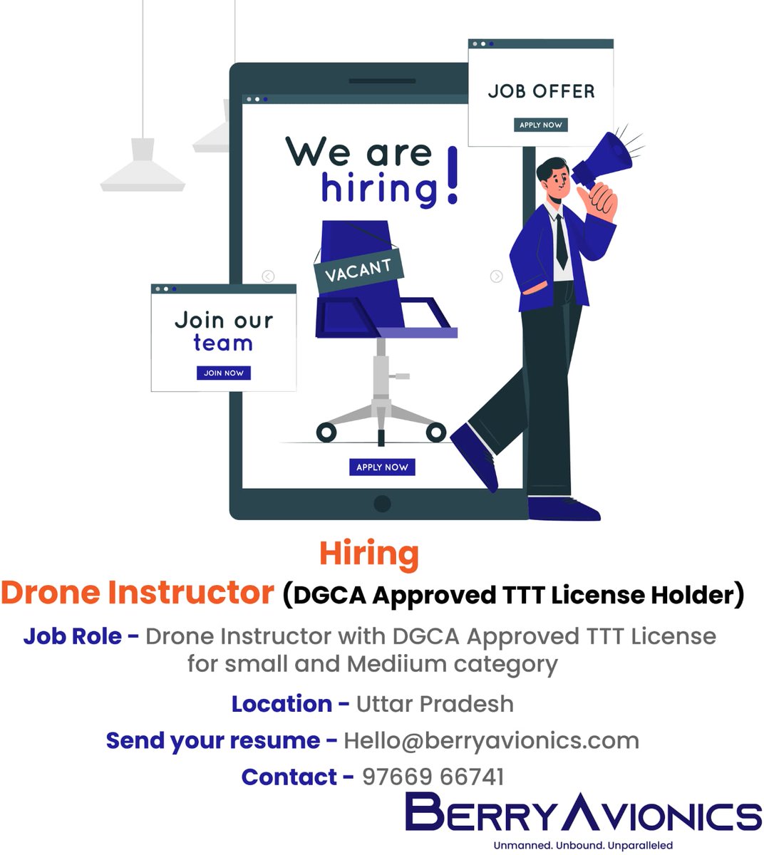 JOB ALERT _ 📢 📢 from Berry Avionics for RPAS Instructor 👈 👉 Salary INR 6-8LPA Apply to 👉hello@berryavionics.com Know more here : rb.gy/rjl5tf #dronepilots #droneoperator #droneflight #Jobs #jobsearch #JobHunting #jobseekers #JobOpportunity #jobopening #jobvacancy