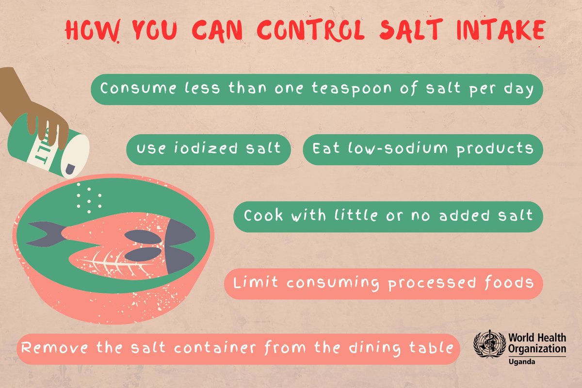 Health Facts: High salt intake can lead to high blood pressure & increase the risk of cardiovascular disease, gastric cancer & obesity. It's not too late to control your salt intake. Take action today. @MBKeno @uhca_ug @tuwasake @ntvuganda @NPRHealth Credit: @WHOUganda