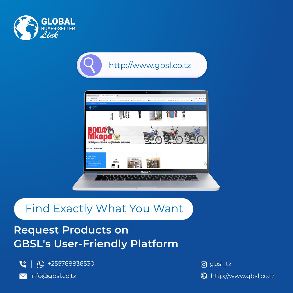 gbsl_tz's tweet photo. Discover your perfect match with GBSL's user-friendly platform, where your ideal products await. Say goodbye to endless searches and compromises – request what you want effortlessly on GBSL today!

#DreamBusiness
#OnlineStoreSuccess
#Productrequest https://t.co/DPYe9x69mP