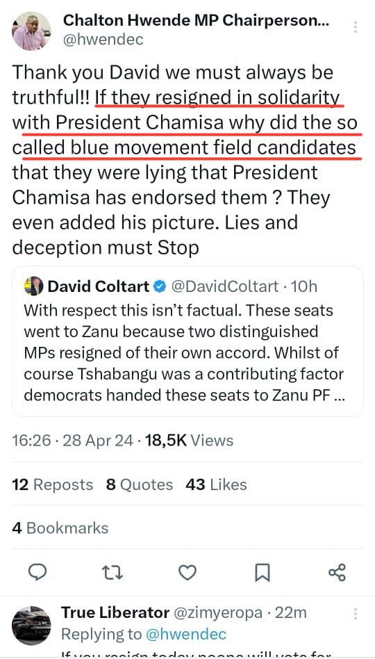Nyemby Mahere: I didn’t resign on my own volition. I was forced to resign. Coltart: Hollop Hollop! Stop lying. You resigned on your own accord. You fled your constituency. Hwende: Thank u David. These charlatans are devious Comment: Mahere’s regretting. Cognitive dissonance