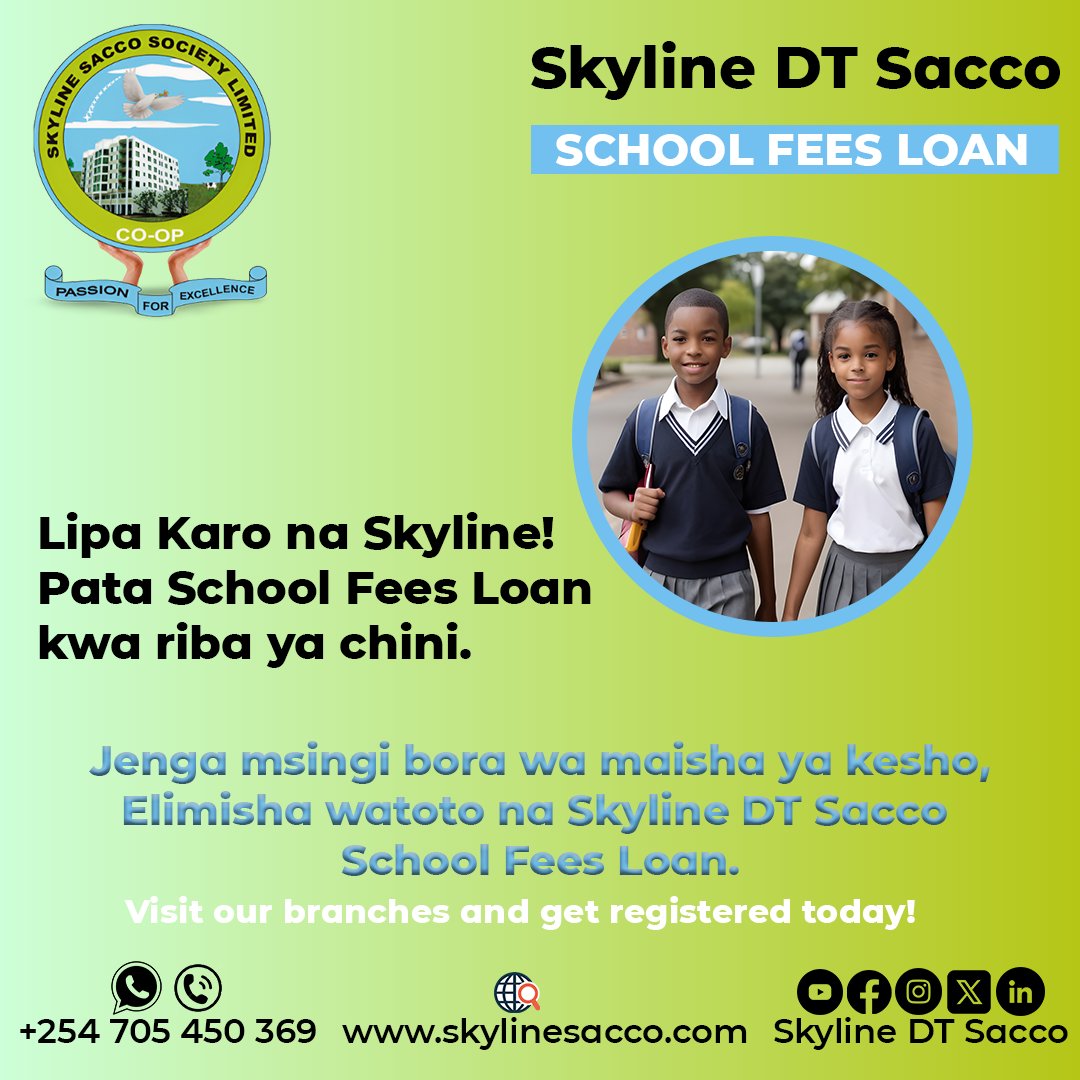 Educate your children without worries with Skyline DT Sacco School Fees Loan! Secure their future with low-interest financing options. Invest in tomorrow's leaders today. #SchoolFeesLoan #InvestInEducation #SkylineDTSacco #PassionForExcellence