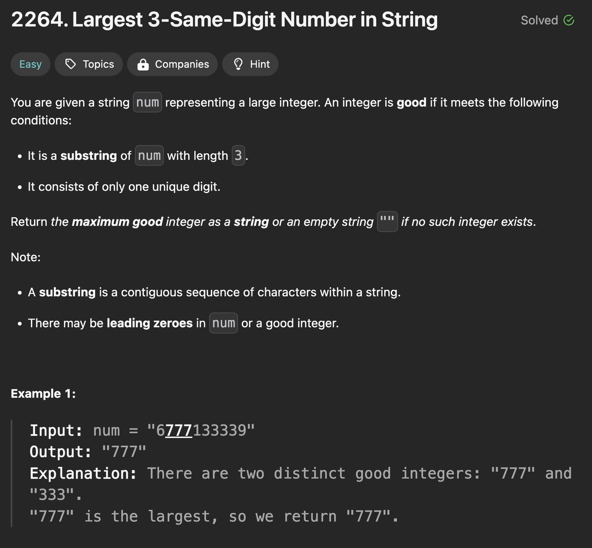 xkit's tweet image. LeetCode 2264. Largest 3-Same-Digit Number in String
leetcode.com/problems/large…
Solution using backreference \1{2} wasn't expected to be very fast. But given the short input string, 1000 chars max, it was.
#JavaScript
#TypeScript
#RegExp