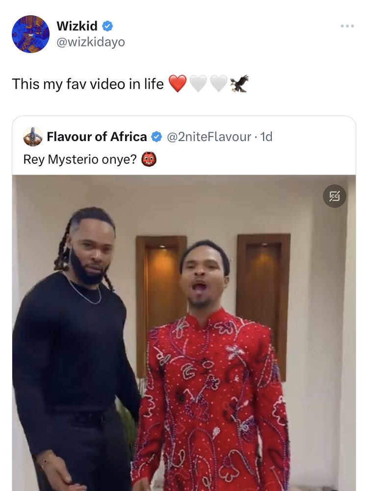 nsmnewsng's tweet photo. Odumeje and Flavour “who you” video , into to my next tour - Wizkid https://t.co/uTXG8dr8nh
