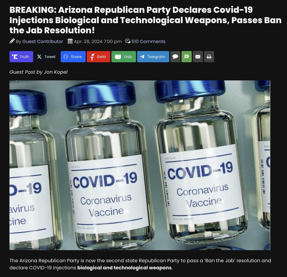 'The Arizona Republican Party is now the second state Republican Party to pass a ‘Ban the Jab’ resolution and declare COVID-19 injections biological and technological weapons.' The Alberta government needs to ban the harmful mRNA injections. Now. thegatewaypundit.com/2024/04/breaki…