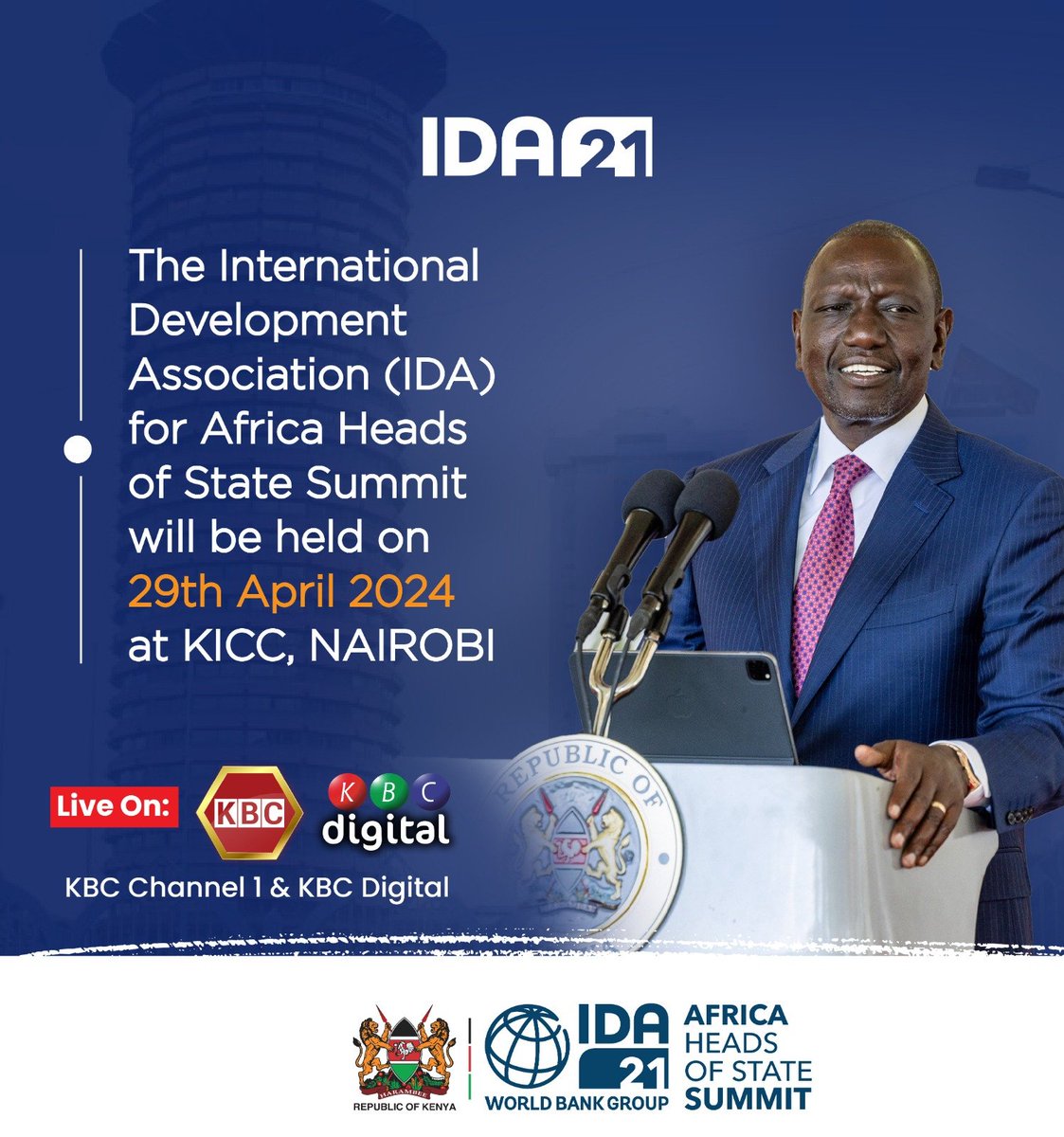 Tune in ! International Development Association (IDA21) Africa Heads of State Summit kick-off at KICC, Nairobi kbc.co.ke/live/ #idaworks #ida21nairobi #kenya #KBCniYetu^EM