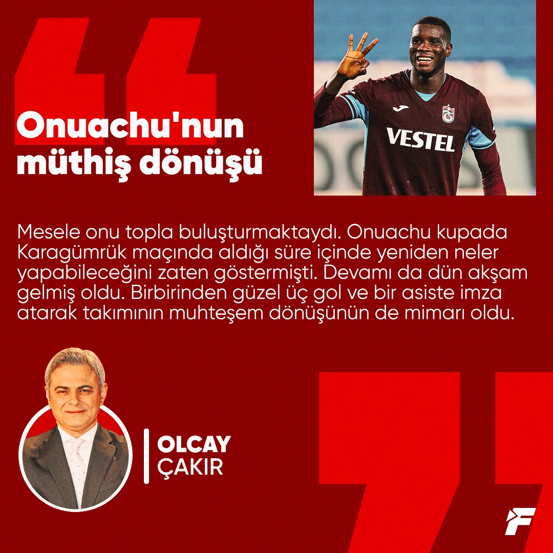 ✍️ @OlcayCakirr: Onuachu kupada Karagümrük maçında aldığı süre içinde yeniden neler yapabileceğini zaten göstermişti. Devamı da dün akşam gelmiş oldu. Birbirinden güzel üç gol ve bir asiste imza atarak takımının muhteşem dönüşünün de mimarı oldu. 🔗 bit.ly/4bi0jOz