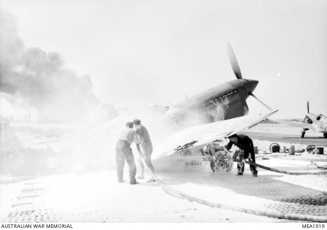 80 years ago: 29th April 1944. Personnel of 3 Squadron RAAF rush to extinguish a burning P-40 at Cutella airfield, near Termoli, Italy. A USAAF P-47 had strafed the airfield, believing it to be enemy held. Several other aircraft were damaged and personnel injured. A pilot from a