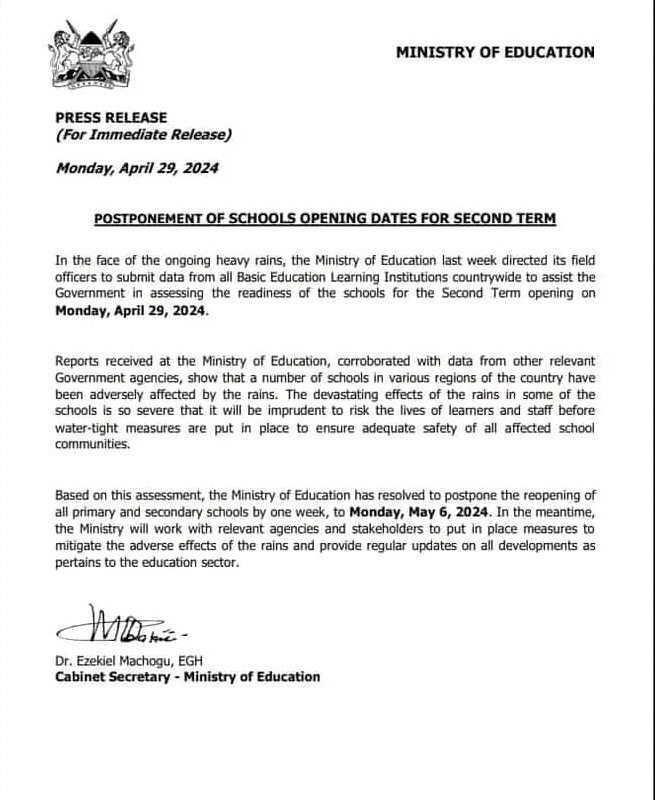 Folks at @EduMinKenya were in a huge hurry releasing the statement postponing schools opening date. 📌 CS Ezekiel Machogu forgot to include the new closing date - therefore it remains unclear whether the term duration will remain the same or it will be shorter by one week. 📌…