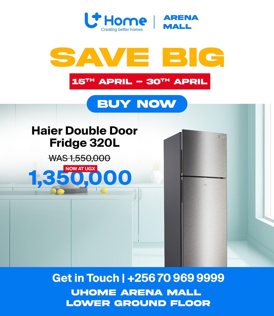 Good morning, kindly get the Haier Double Door Fridge for only 1,350,000 UGX, reduced from 1,550,000 UGX😉 Exclusive discounts available from
@UhomeUganda
at #UhomeArenaMall. Offer valid until 30th April, 2024. Don't miss out, limited time offer! #UhomeDiscounts