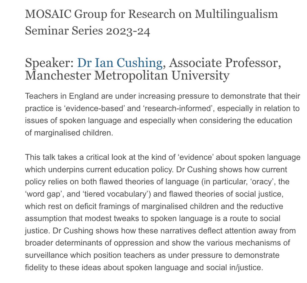 i'm speaking at the university of birmingham this thursday (2-3pm) if local folks are free and interested in hearing about how 'research evidence' about spoken language in education policy relies on deficit perspectives about marginalised communities. birmingham.ac.uk/schools/educat…