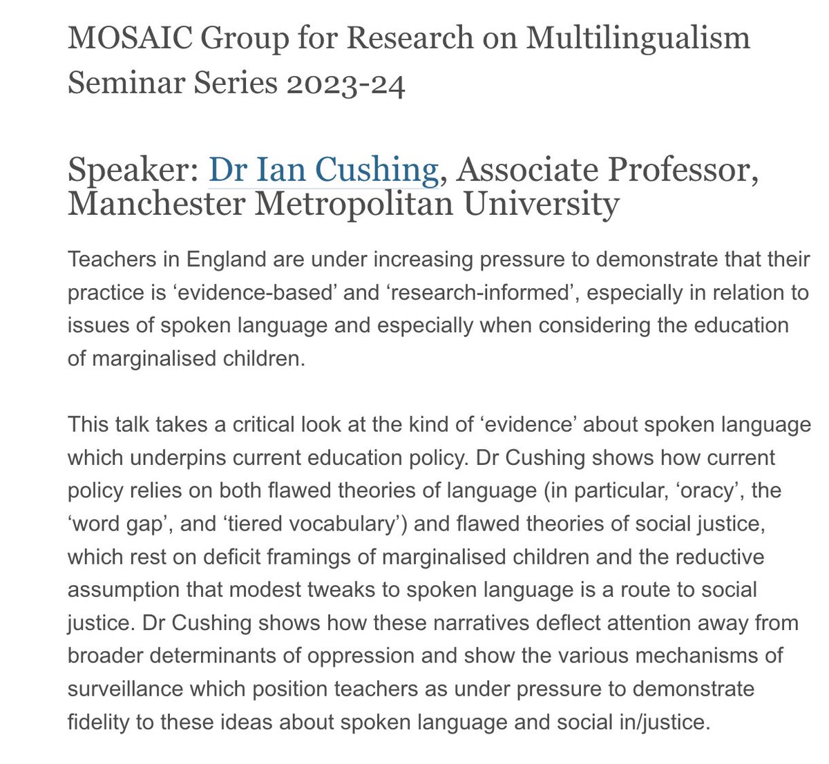 i'm speaking at the university of birmingham this thursday (2-3pm) if local folks are free and interested in hearing about how 'research evidence' about spoken language in education policy relies on deficit perspectives about marginalised communities.   birmingham.ac.uk/schools/educat…