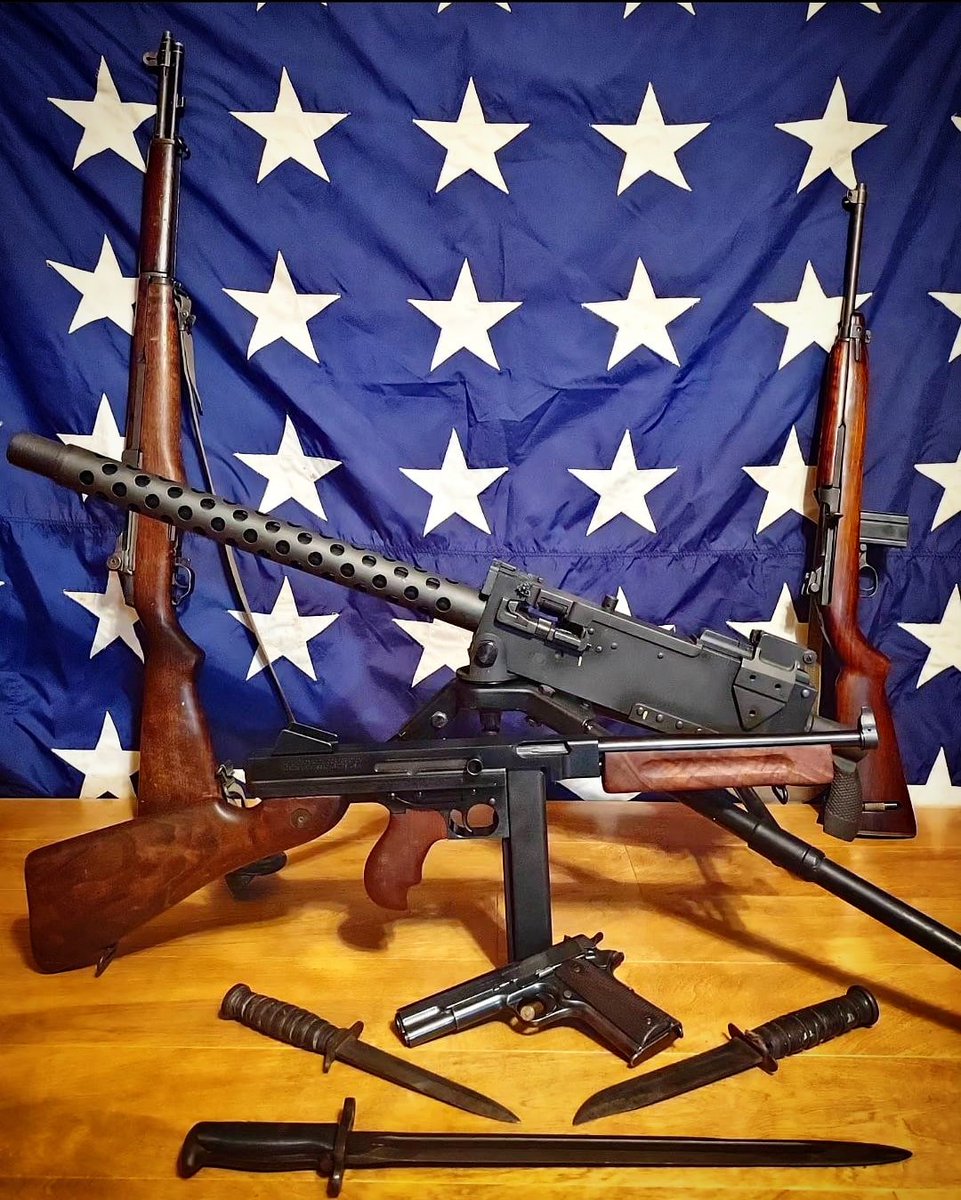 Bilge_Rat_Mil's tweet photo. My collection of my WW2 Bois. The M1919 and the Auto Ordnance Thompson M1A1 are both semi auto modern. 1943 Springfield Armory M1 Garand, 1944 dated M1 Carbine, 1914 dated Springfield Armory M1911 https://t.co/enEwfPM9bv