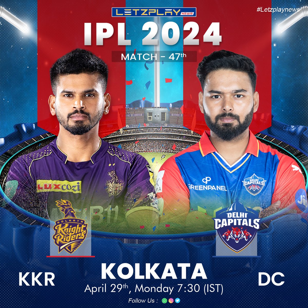🔥 Gear up for an intense clash as Kolkata Knight Riders go head-to-head against Delhi Capitals tonight at 7:30 PM IST on April 29th, 2024! 🌟

Don't miss out on the excitement! 🔥

#KKRvsDC #IPL2024 #CricketFever #PredictToWin #ContestAlert #KolkataKnightRiders #DelhiCapitals 🎉
