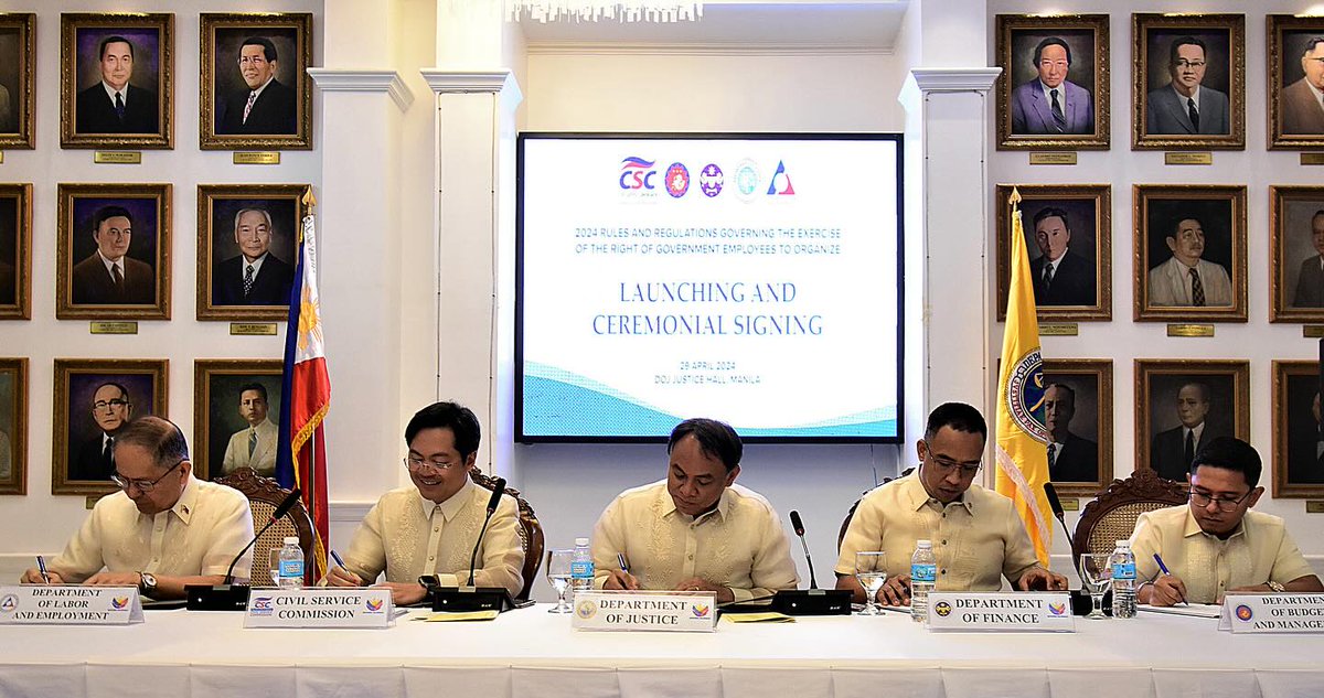 The Department of Justice (DOJ), Civil Service Commission (CSC), Department of Labor and Employment (DOLE), Department of Finance (DOF), Department of Budget and Management (DBM) spearheaded the launching and ceremonial signing of the 2024 Rules and Regulations of EO 180 s. 1987