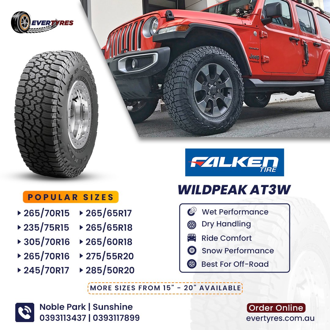 🚨Don't risk it! Upgrade to Falken Wildpeak AT3W tyres for superior grip and performance!

Available Sizes:
265/70R15
305/70R16 
245/70R17
265/65R18
275/55R20 
and more.

🌐 Evertyres.com.au (Order Online)

#Falkentyres #falkenat3w #tyresaustralia #evertyres #tyredealers
