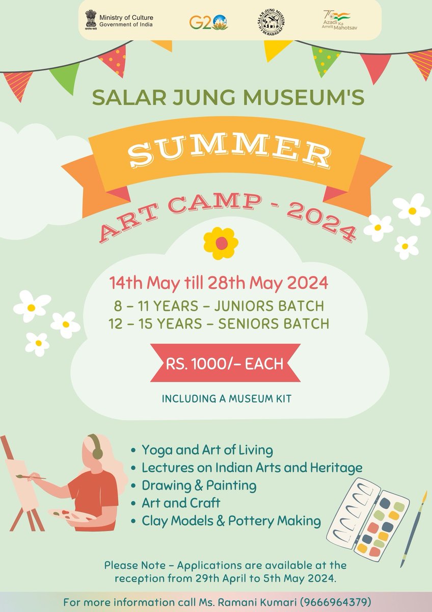 #SUMMERCAMP ALERT!
The #SalarJungMuseum is organizing a 'Summer Art Camp' for children aged between 8-15 years from 14th May to 28th May 2024 as one of the regular educational activities. Applications for the camp will be available at the reception counter from 29th to 5th May'24