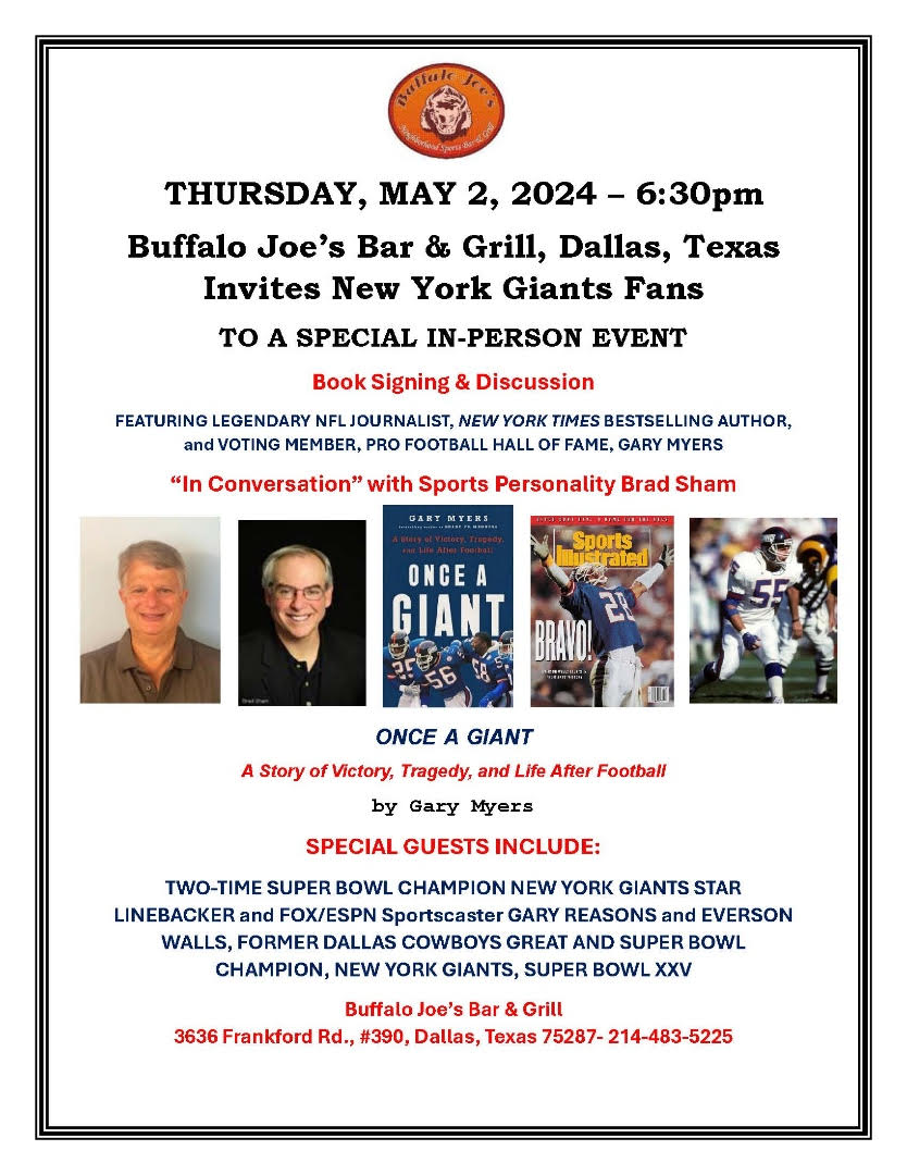 BigBlueDFW's tweet photo. This Thursday May 2nd Buffalo Joe's is hosting a book signing with NY Times Bestselling Author and NY GIANTS journalist Gary Myers. Gary will be sharing stories from his days covering the NY Giants. Joining him will be former NY Giants champions Gary Reasons and Everson Wells. https://t.co/0jFVG3fHQa