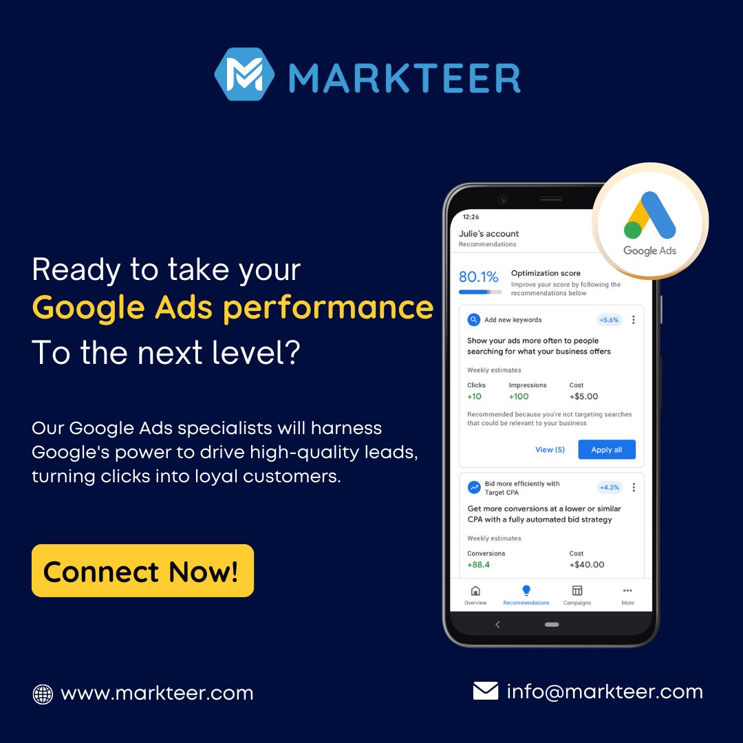 Our Google Ads specialists will harness Google's power to drive high-quality leads, turning clicks into loyal customers.
📧 - info@markteer.com
🌐 - markteer.com
#ppcads #googleads #googleadsagency #ppcmarketing #LeadGenExpert #leadgeneration #b2bleads  #paidmarketing