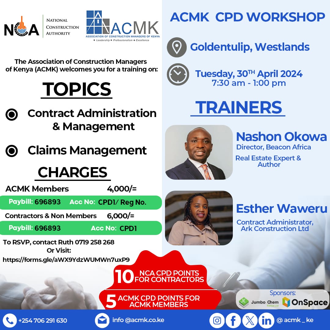 Are you a contractor or a professional in the built environment with keen interest in contracts and handling claims in your project?

This CPD workshop training is for you!

Join us tommorow for comprehensive insights as you also network.

A few slots remaining.

RSVP Now!